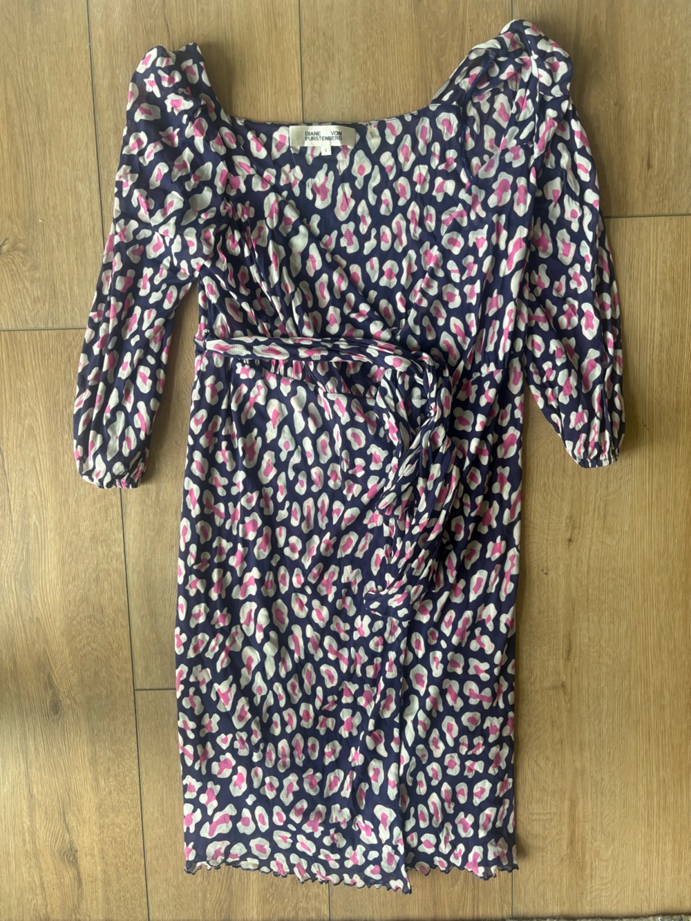 Diane von Furstenberg Navy Pink Leopard Print Wrap Dress